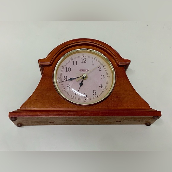 Vtg Brownstone Gold Tone Metal Hardwood Quartz Analog Mantle Clock - Picture 10 of 16